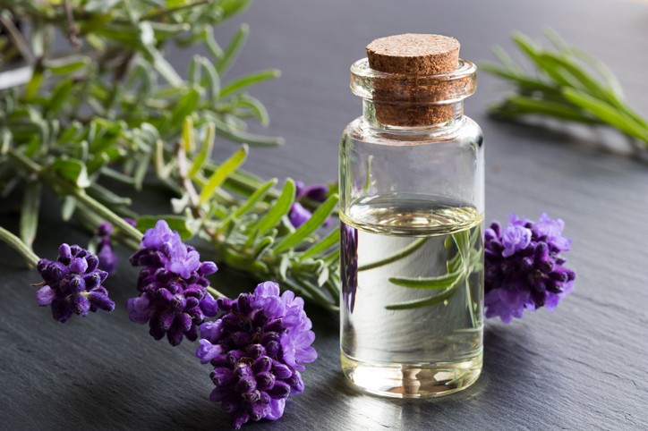 A bottle of lavender essential oil with fresh lavender twigs on a dark background-آروماتراپی